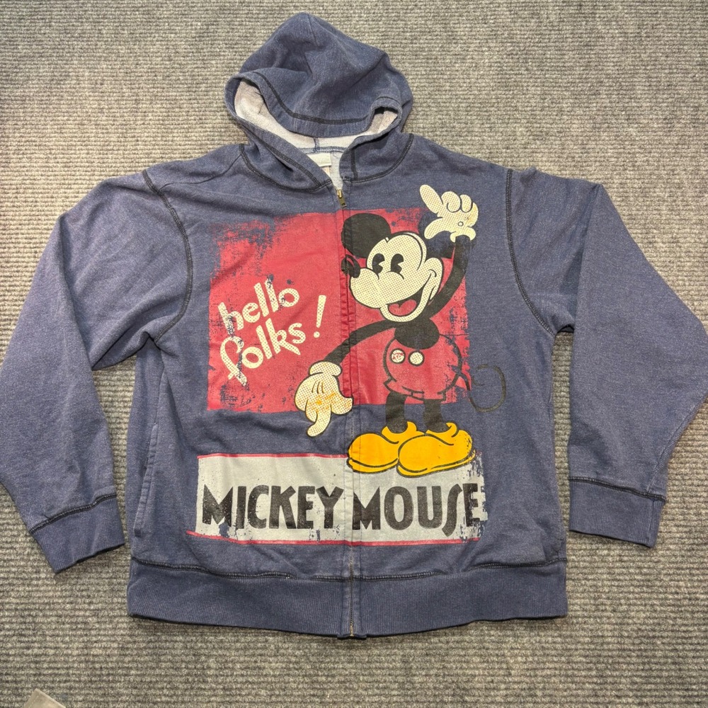 Disney Store Mickey Mouse Hello Folks Blue Full Zip Hoodie Sweatshirt Medium